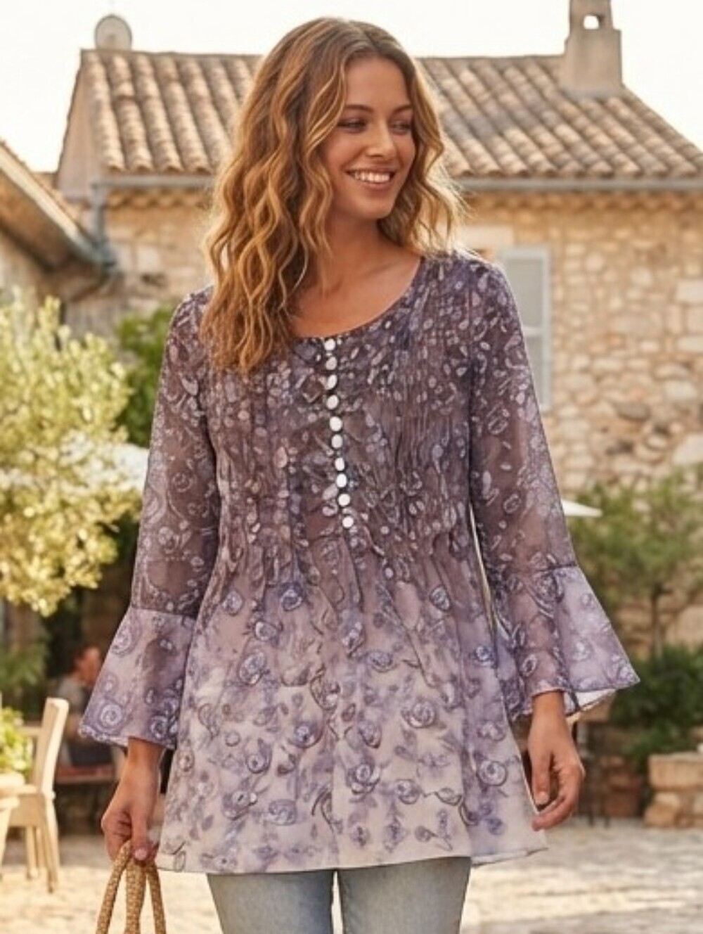 Purple & White Floral Pleated Long-Sleeve Tunic